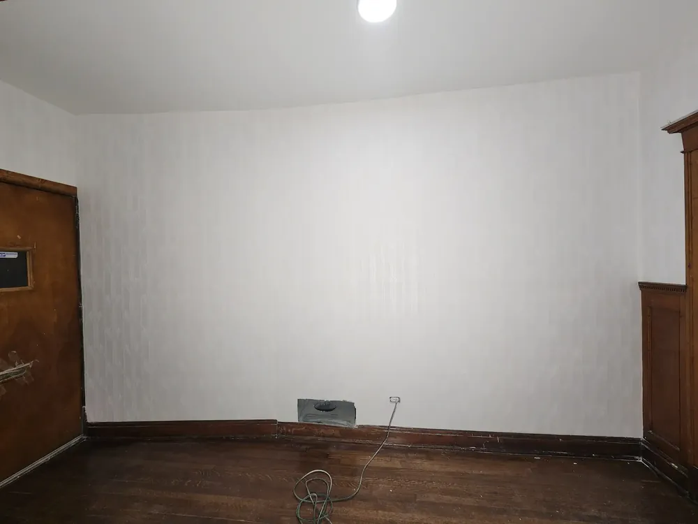 Smooth, freshly prepared light wall in an empty room with dark wood trim